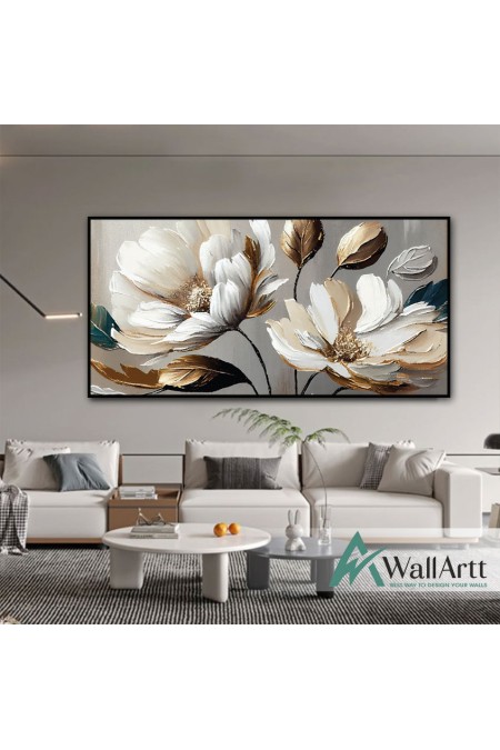 Gold Flower with Gold Leaves 3d Heavy Textured Partial Oil Painting